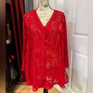 Vintage 1980's Victoria's Secret Gold Label Ruby Red Button Up Lace Robe